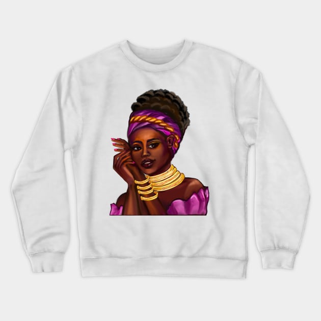 Afro Queen Black is beautiful anime manga black girl with Gold bangles, neck ring necklace, purple dress and head wrap, brown eyes and dark brown skin ! Crewneck Sweatshirt by Artonmytee